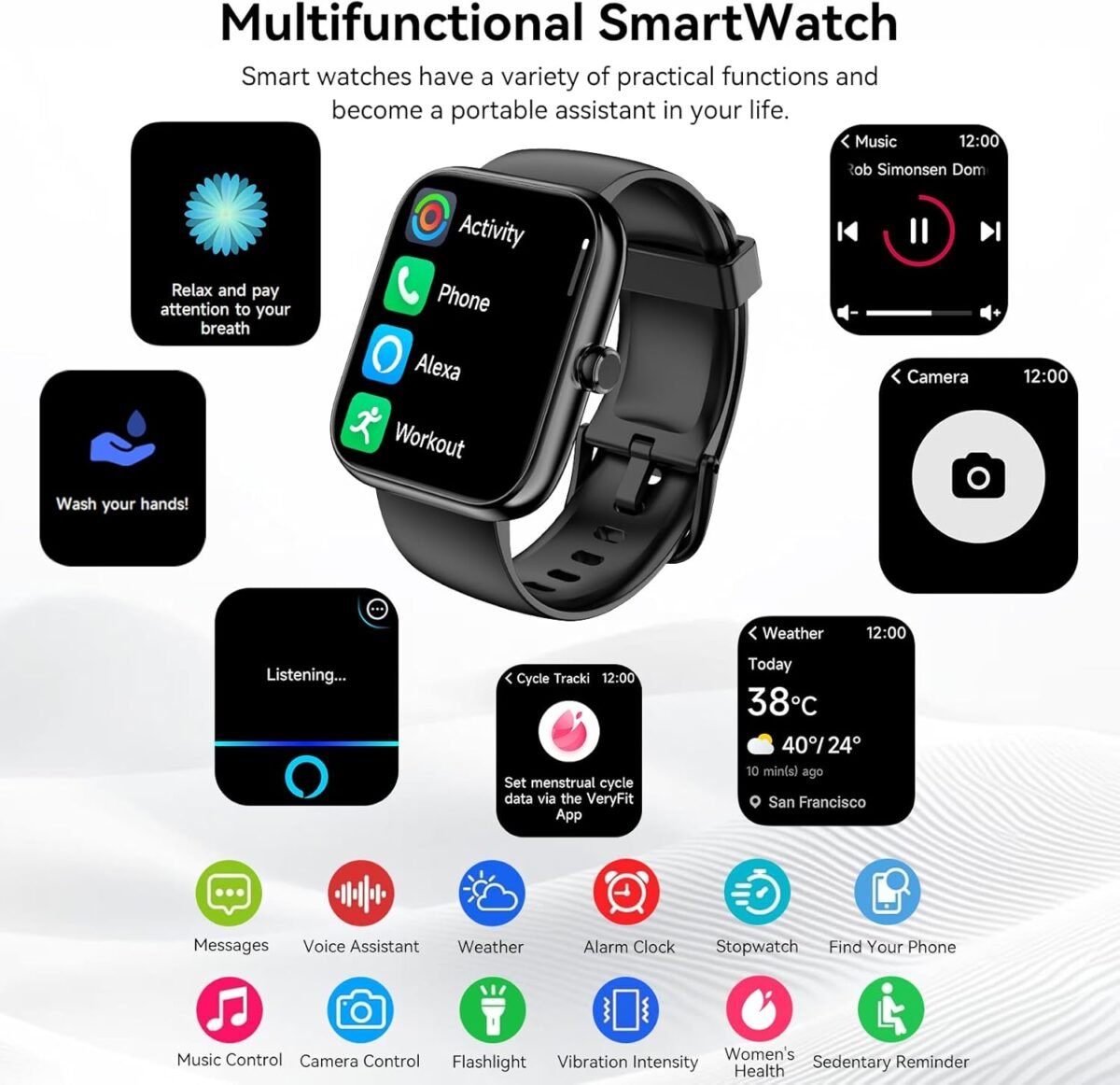 ⁦Smart Watch with Alexa Built-In – 1.83" HD Touchscreen Bluetooth Calling Fitness Tracker, IP68 Waterproof, 120+ Sports Modes, Heart Rate & Sleep Monitor, Compatible with iPhone & Android (Black)⁩ - الصورة ⁦4⁩