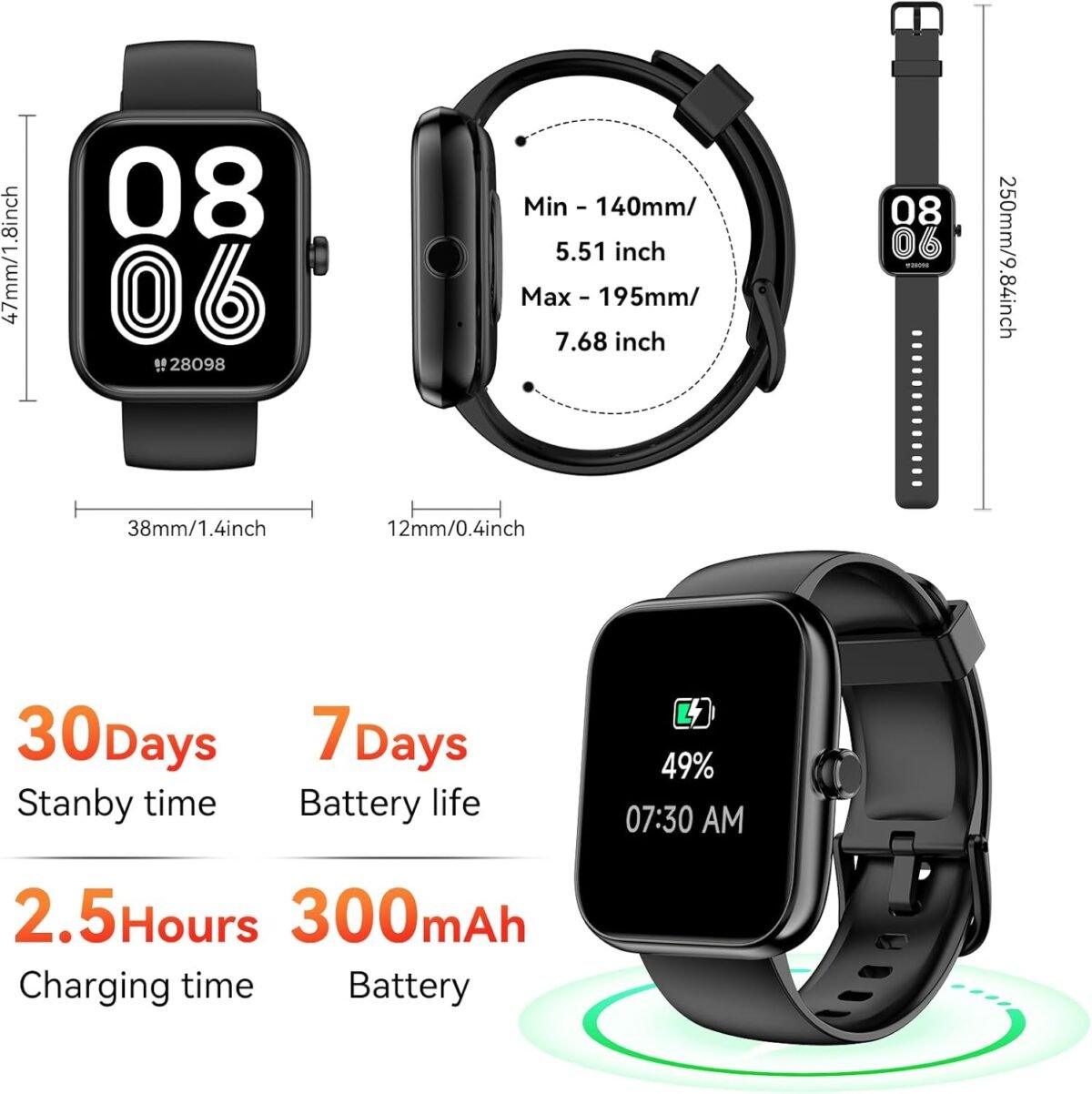 ⁦Smart Watch with Alexa Built-In – 1.83" HD Touchscreen Bluetooth Calling Fitness Tracker, IP68 Waterproof, 120+ Sports Modes, Heart Rate & Sleep Monitor, Compatible with iPhone & Android (Black)⁩ - الصورة ⁦7⁩