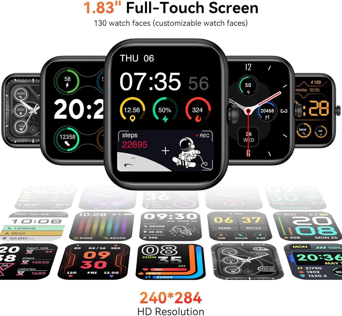 ⁦Smart Watch with Alexa Built-In – 1.83" HD Touchscreen Bluetooth Calling Fitness Tracker, IP68 Waterproof, 120+ Sports Modes, Heart Rate & Sleep Monitor, Compatible with iPhone & Android (Black)⁩ - الصورة ⁦5⁩