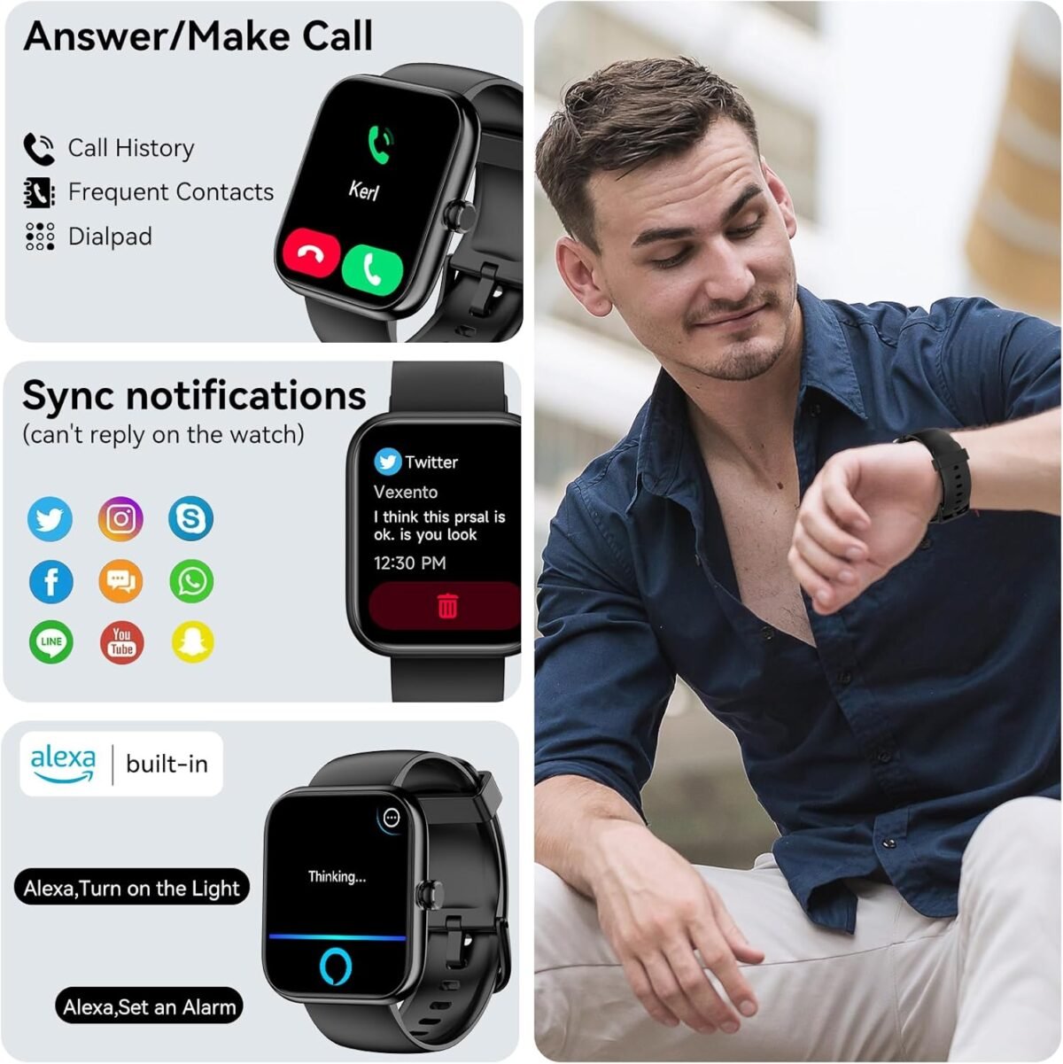 ⁦Smart Watch with Alexa Built-In – 1.83" HD Touchscreen Bluetooth Calling Fitness Tracker, IP68 Waterproof, 120+ Sports Modes, Heart Rate & Sleep Monitor, Compatible with iPhone & Android (Black)⁩ - الصورة ⁦6⁩