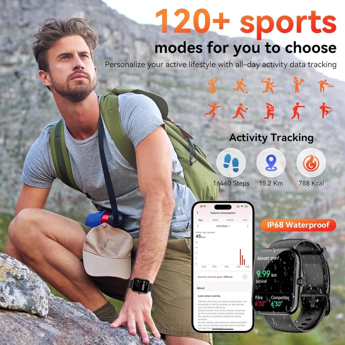 ⁦Smart Watch with Alexa Built-In – 1.83" HD Touchscreen Bluetooth Calling Fitness Tracker, IP68 Waterproof, 120+ Sports Modes, Heart Rate & Sleep Monitor, Compatible with iPhone & Android (Black)⁩ - الصورة ⁦8⁩